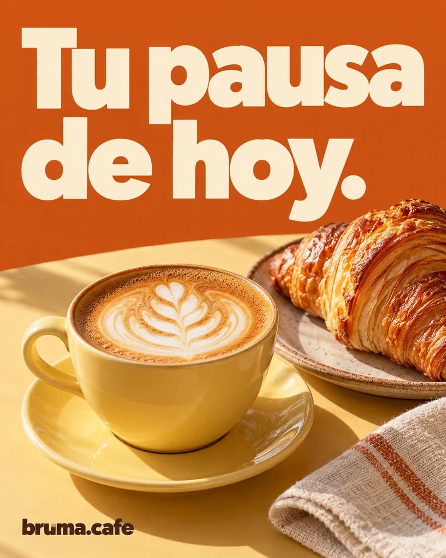 Publicación de bruma.cafe: café en taza amarilla y croissant con el titular «Tu pausa de hoy».