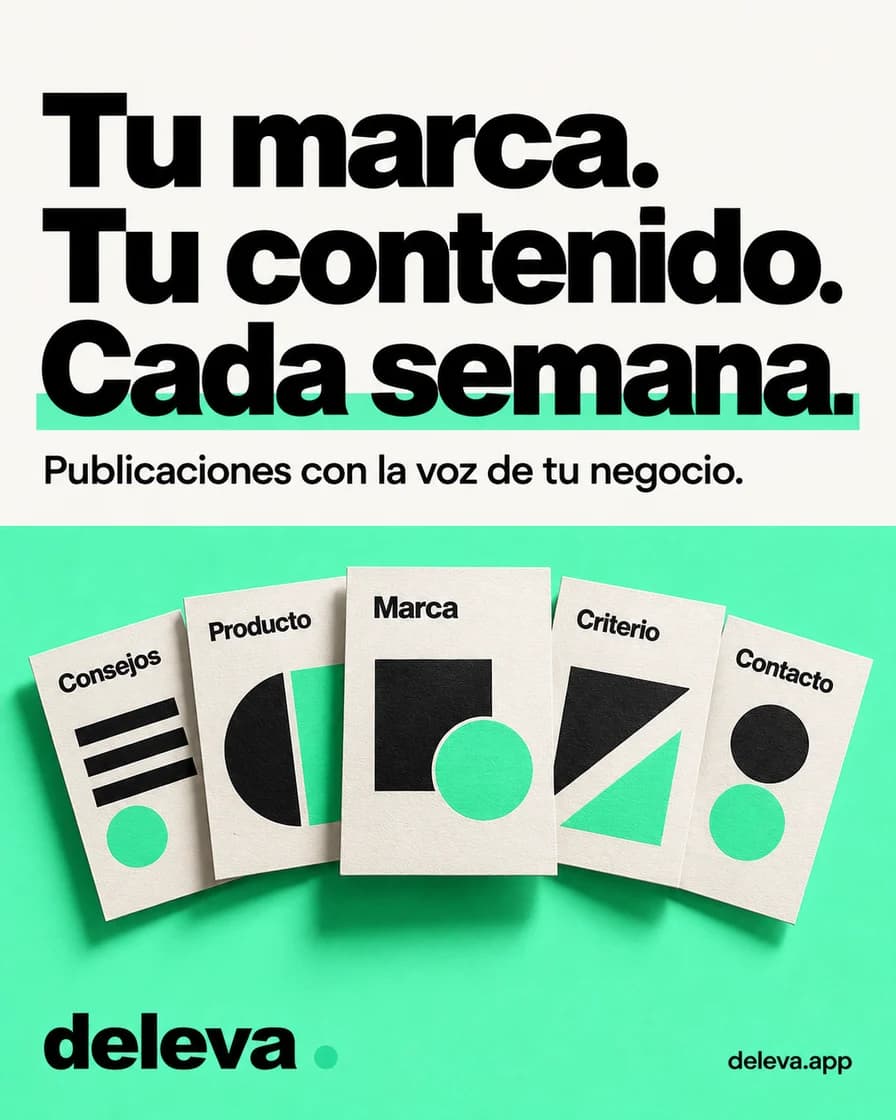Muestra de Deleva: tarjetas gráficas y titular «Tu marca. Tu contenido. Cada semana».