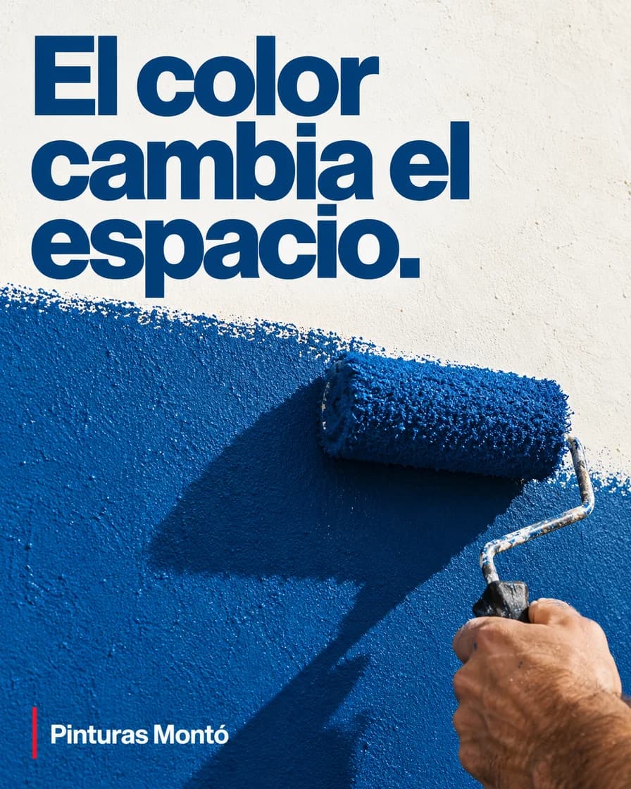 Muestra de Pinturas Montó: rodillo con pintura azul y titular «El color cambia el espacio».
