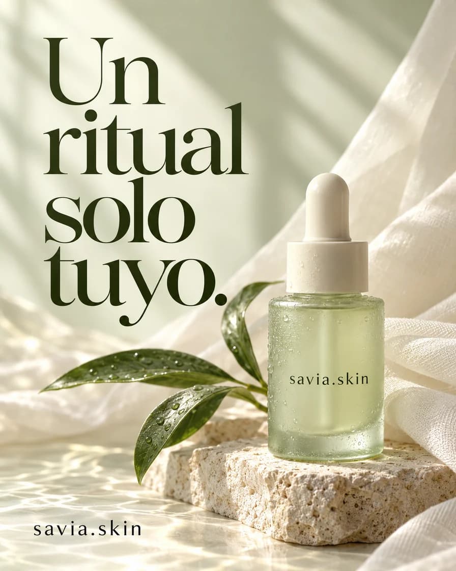Publicación de savia.skin: sérum verde salvia, tela y hojas con el titular «Un ritual solo tuyo».