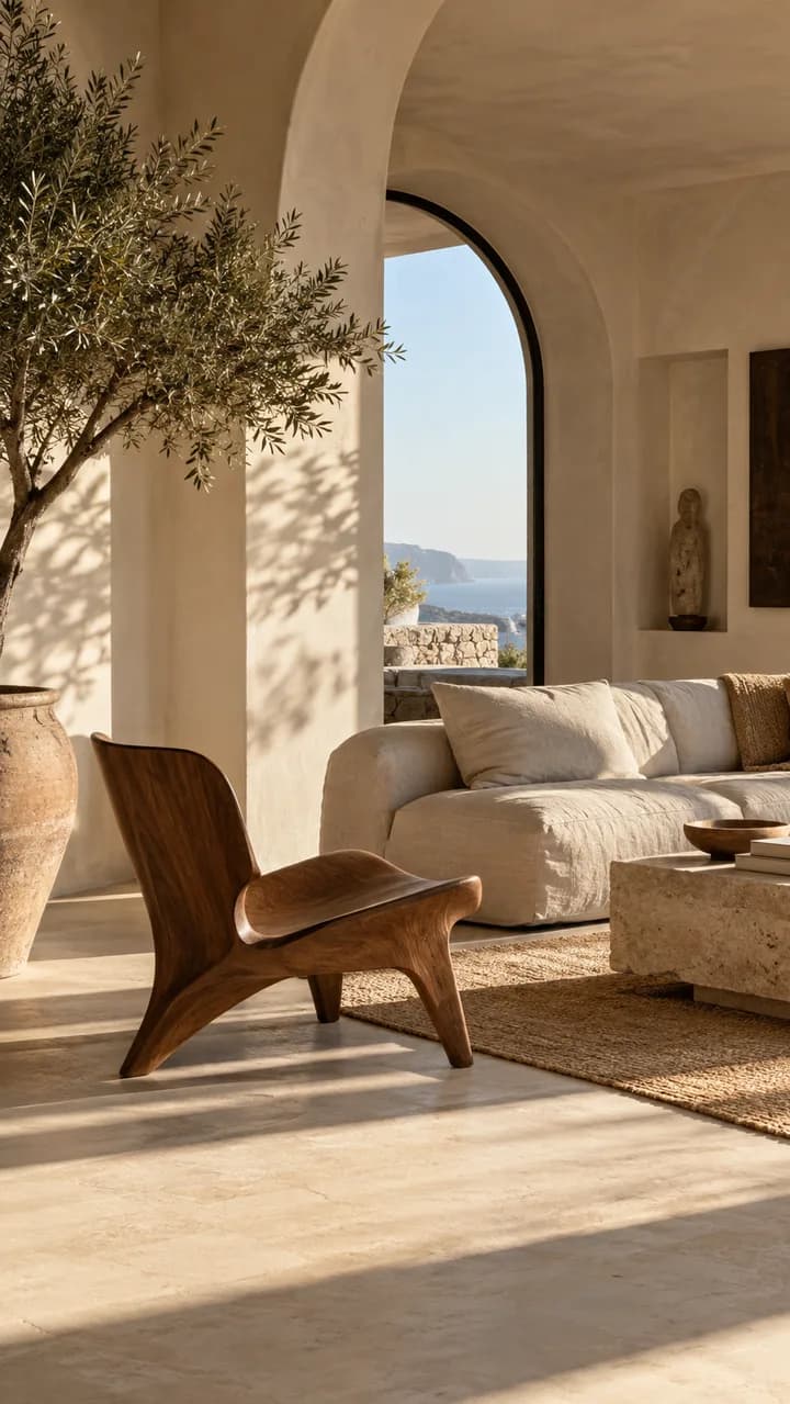 Salón mediterráneo con sofá de lino, silla de nogal y luz natural