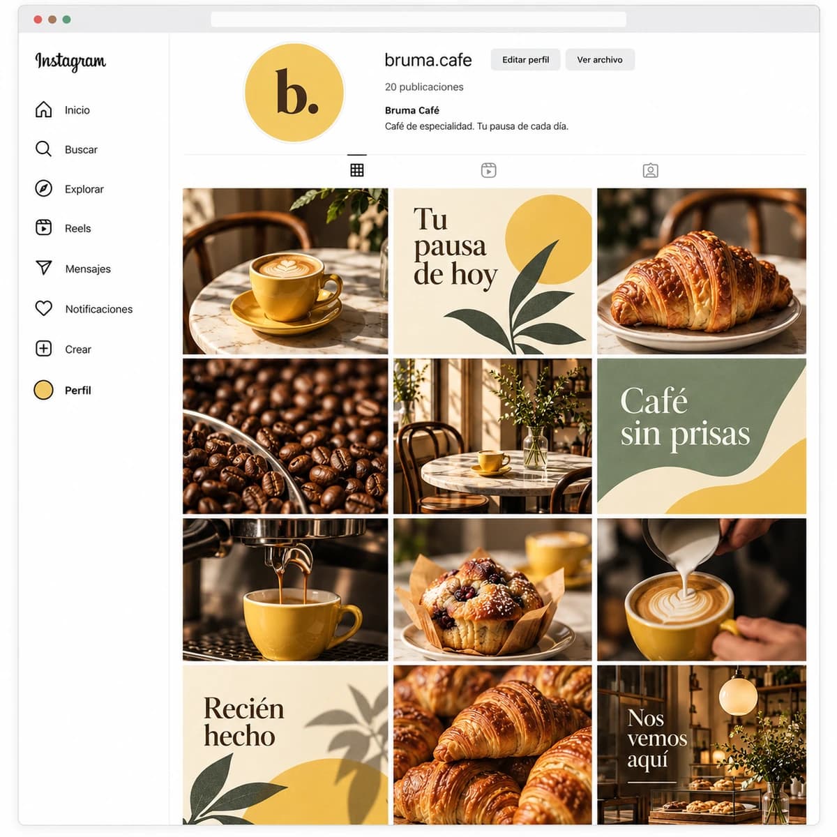 Maqueta de Instagram web de bruma.cafe con una cuadrícula de publicaciones de café, repostería y diseños con los mismos colores de marca.