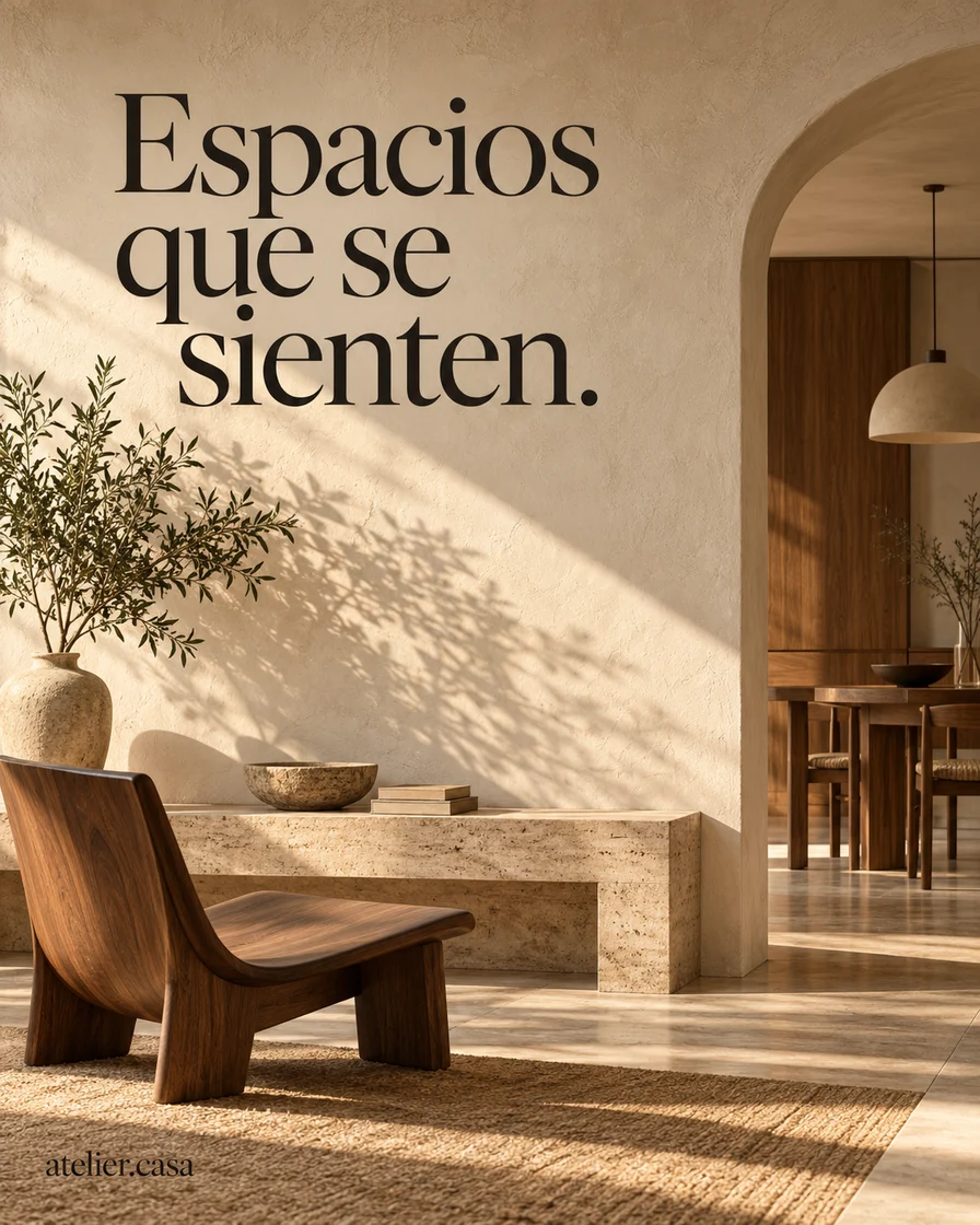 Publicación de ejemplo ficticio para atelier.casa con interior en madera y travertino y titular sereno