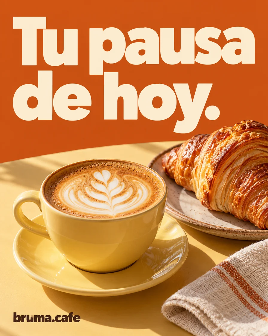 Publicación de ejemplo ficticio para bruma.cafe con taza amarilla, croissant recién horneado y titular integrado