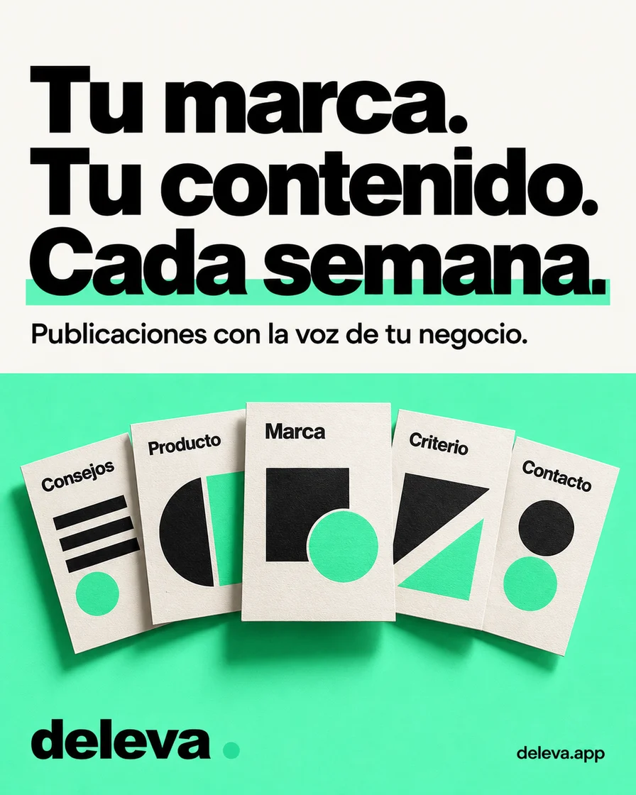 Muestra editorial de Deleva con tarjetas gráficas y el titular «Tu marca. Tu contenido. Cada semana» en formato 4:5