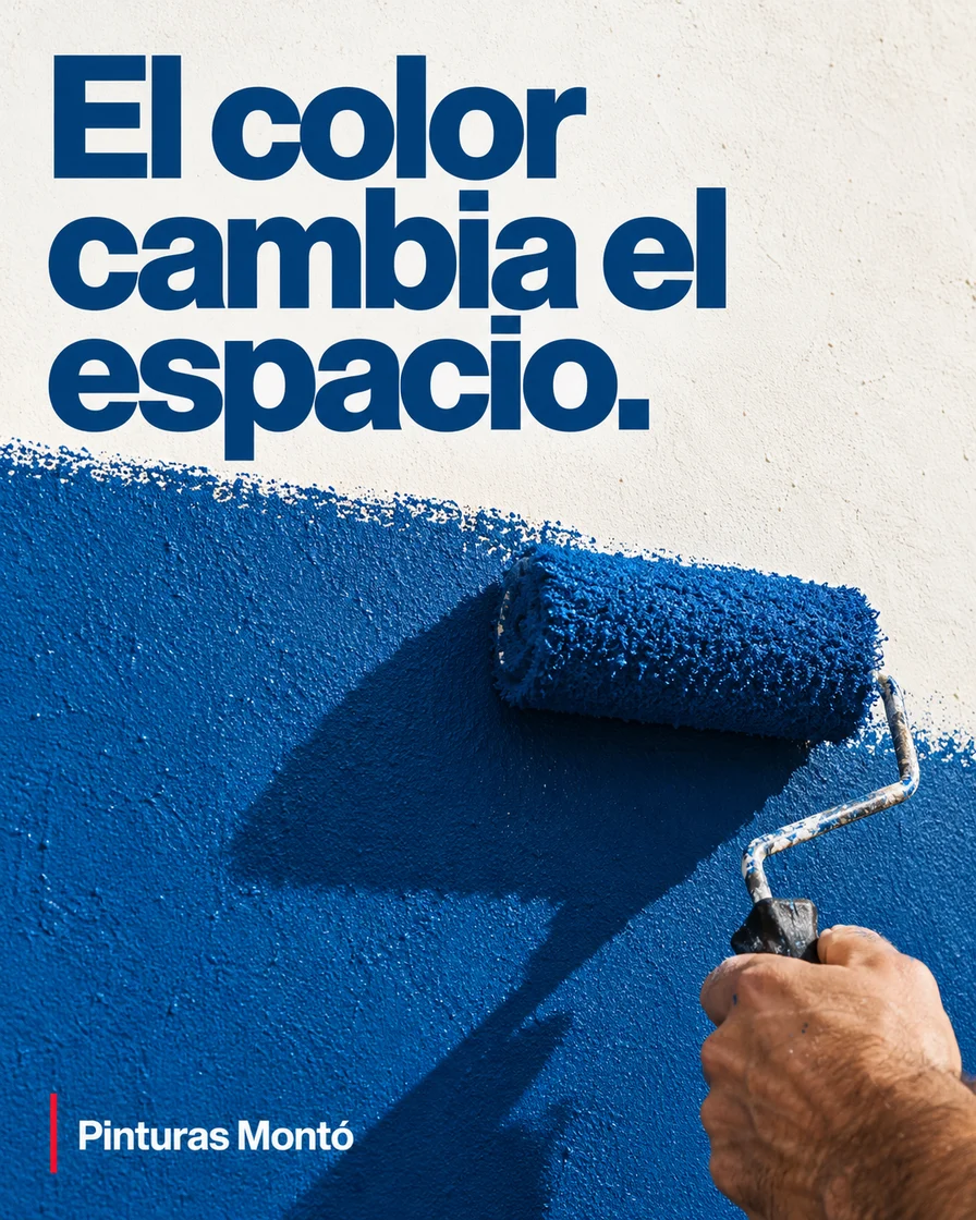 Muestra editorial de Pinturas Montó con rodillo aplicando pintura azul y el titular «El color cambia el espacio»