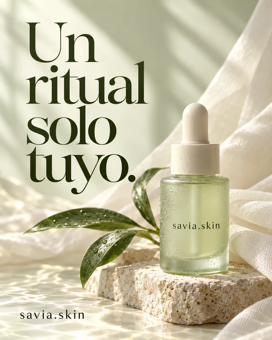 Publicación de ejemplo ficticio para savia.skin con sérum verde salvia, tejido natural y titular integrado