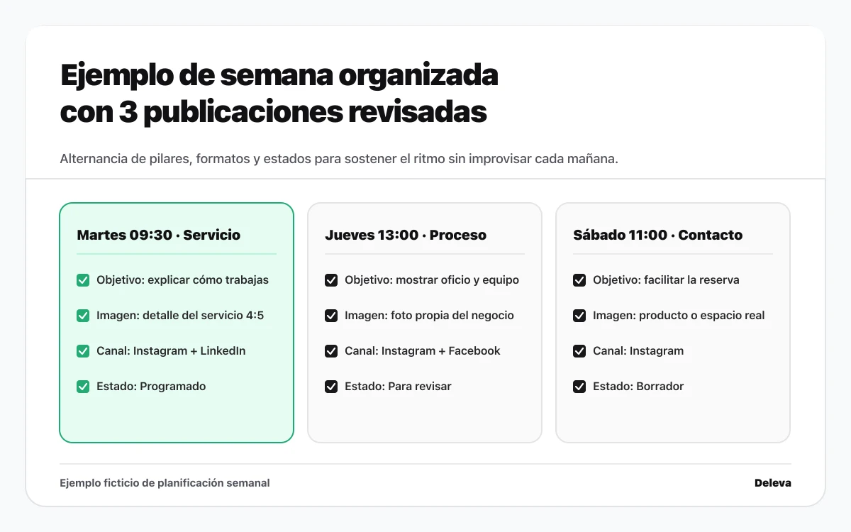 Esquema de una semana organizada con tres publicaciones revisadas en martes, jueves y sábado con distintos objetivos y estados