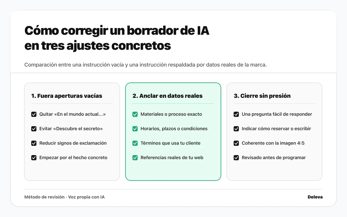 Esquema de corrección de un borrador de inteligencia artificial en tres pasos: eliminar clichés, anclar en datos reales y cerrar sin presión