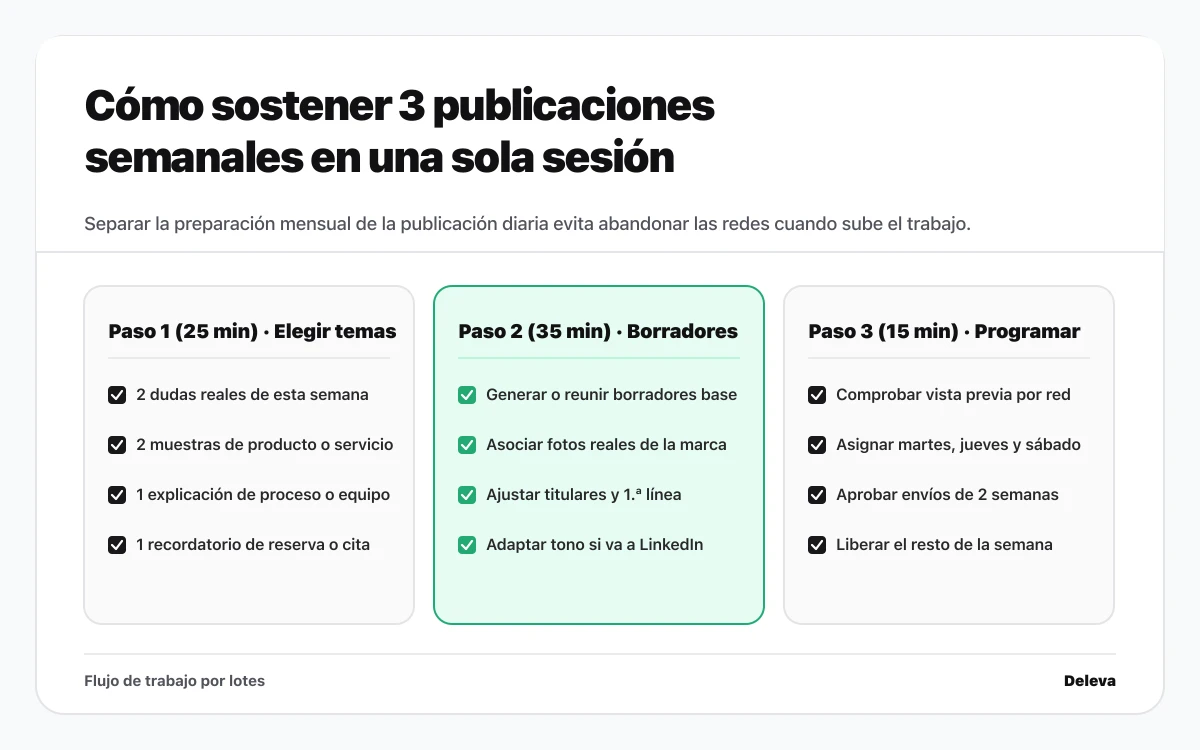 Flujo de trabajo por lotes en tres bloques de tiempo para preparar y programar tres publicaciones semanales en una sola sesión