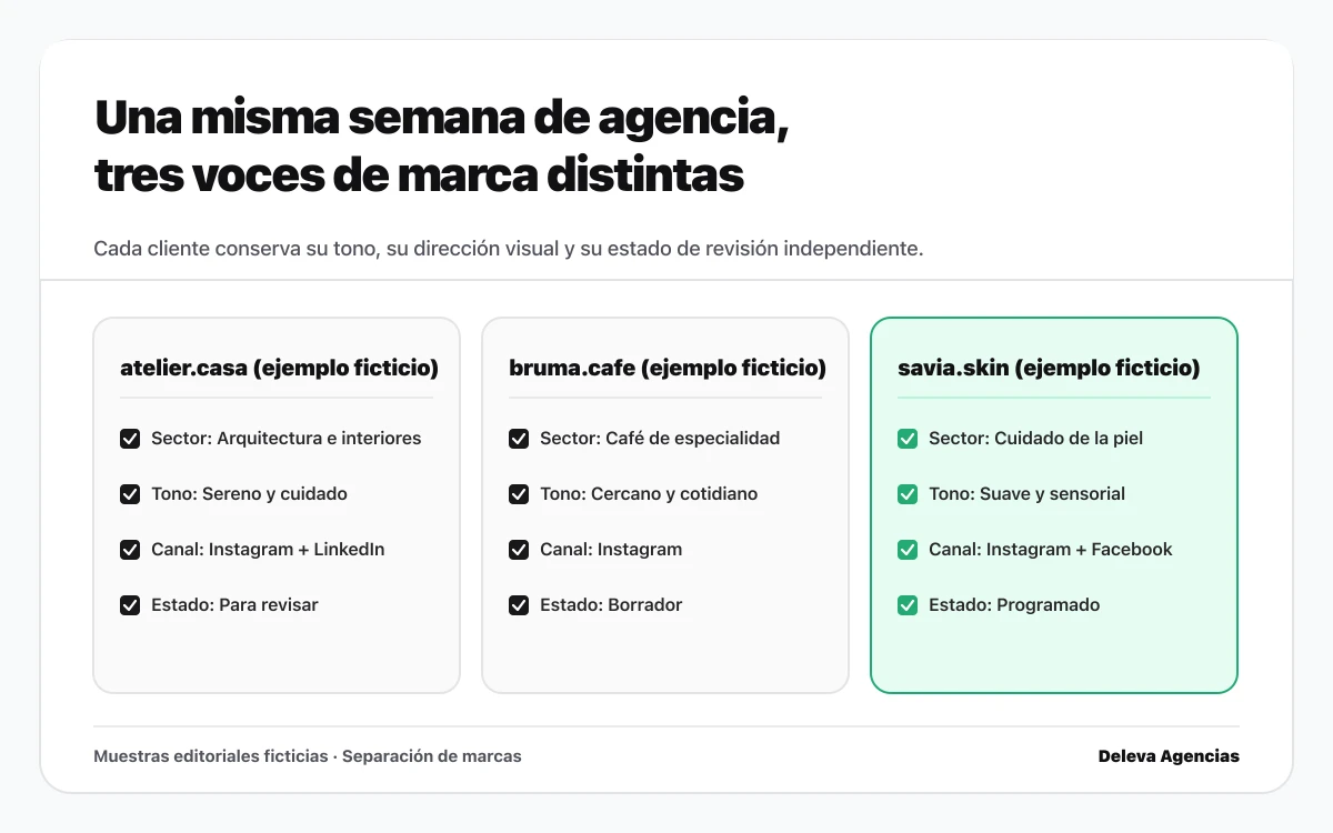 Esquema de separación multicliente en una agencia con tres marcas ficticias: atelier.casa, bruma.cafe y savia.skin