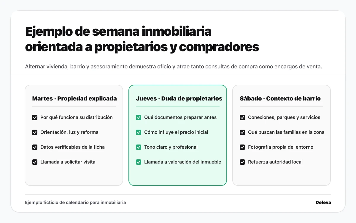Esquema de semana inmobiliaria con tres publicaciones orientadas a compradores, propietarios y contexto de barrio