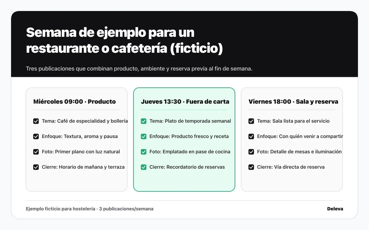 Semana de ejemplo ficticio para un restaurante o cafetería con tres publicaciones en miércoles, jueves y viernes
